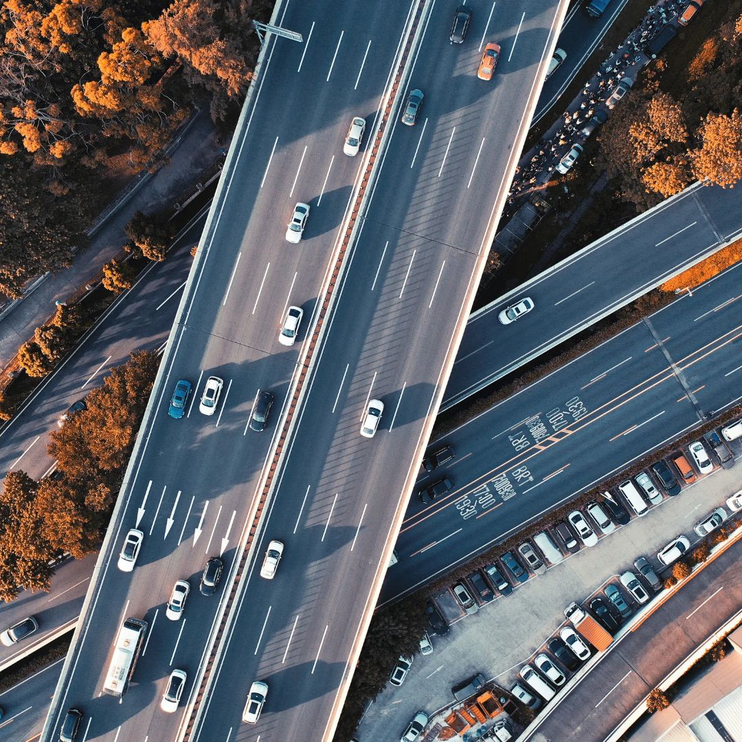 Aerial view of overlapping freeways