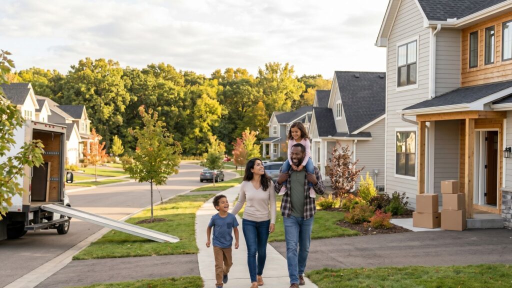 family walking down street